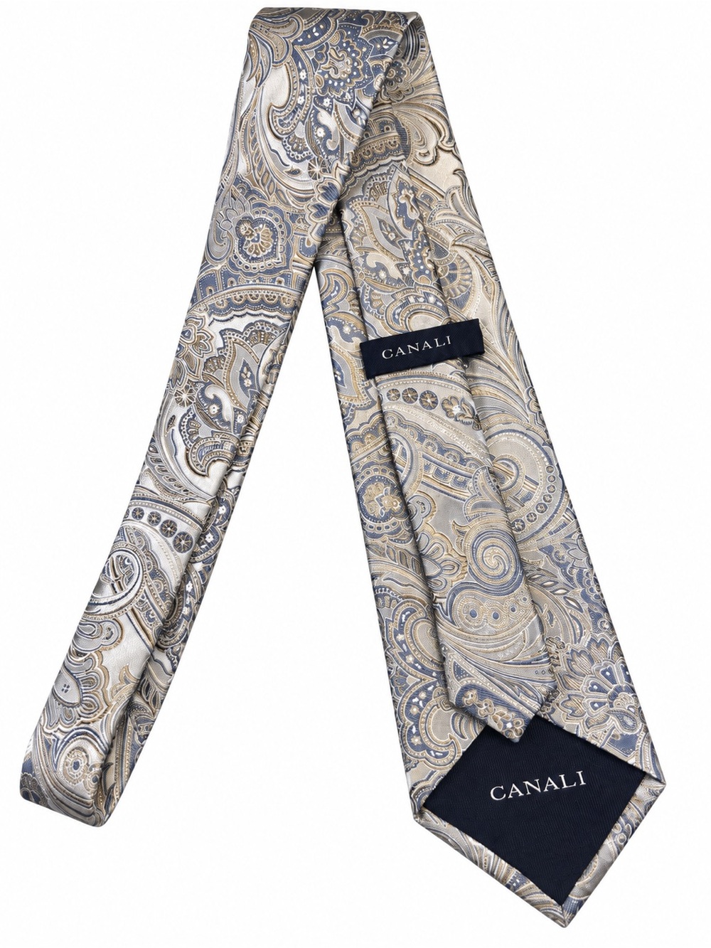 Canali Italy Luxury Silk Tie Paisley Silver Blue Gold Mens Necktie Authentic - Picture 2 of 11